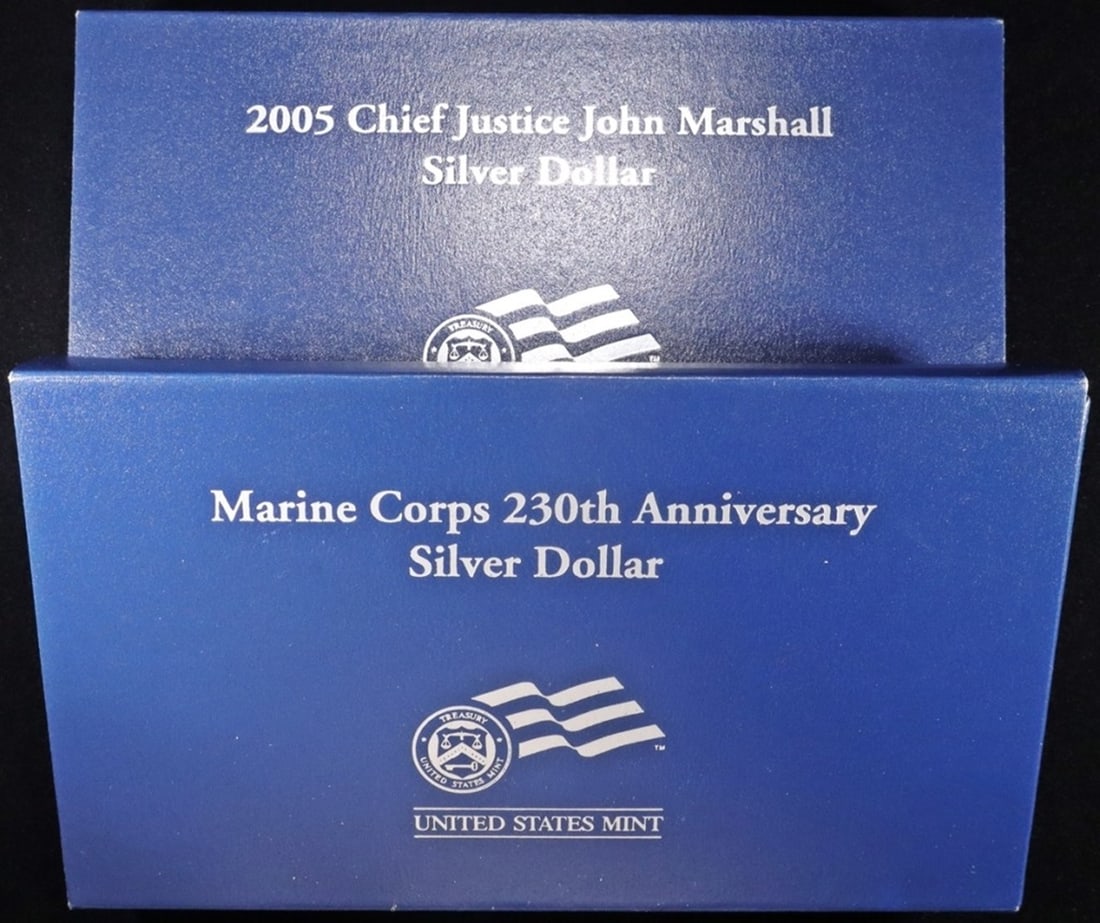 (2) 2005 SILV PR $1 COMMEMORATIVES OGP: CHIEF JUSTICE JOHN MARSHALL & MARINE CORPS 230TH ANNIV ESTIMATE $140 - $190.