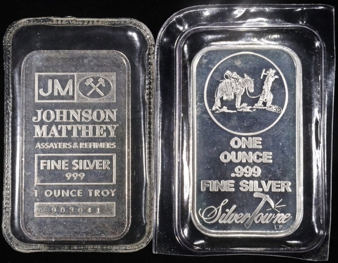(2) 1 OZ .999 SILVER BARS, SILVERTOWNE & J MATTHEY (1 of 2)