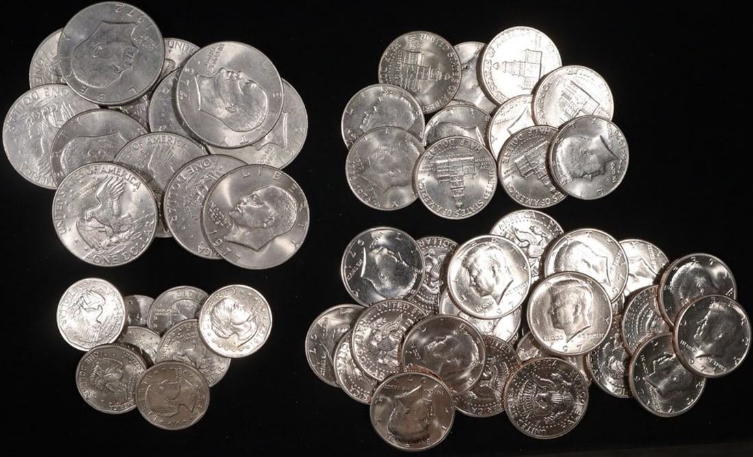 (51) KENNEDY HALVES, (8) SBA $1, (12) IKE $1: (40) 1971-D KENNEDY 50C, (11) 1976 KENNEDY 50C, (8) SBA $1, (12) IKE $1 ESTIMATE $90 - $130.