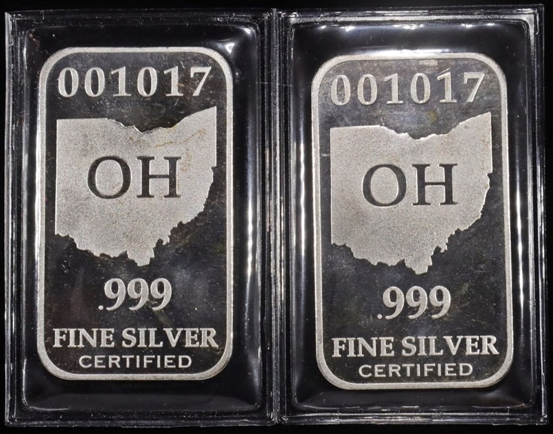 (2) 1 OZ .999 SILVER OHIO BARS: BID WITH SILVER CITY AUCTIONS ESTIMATE $110 - $160.