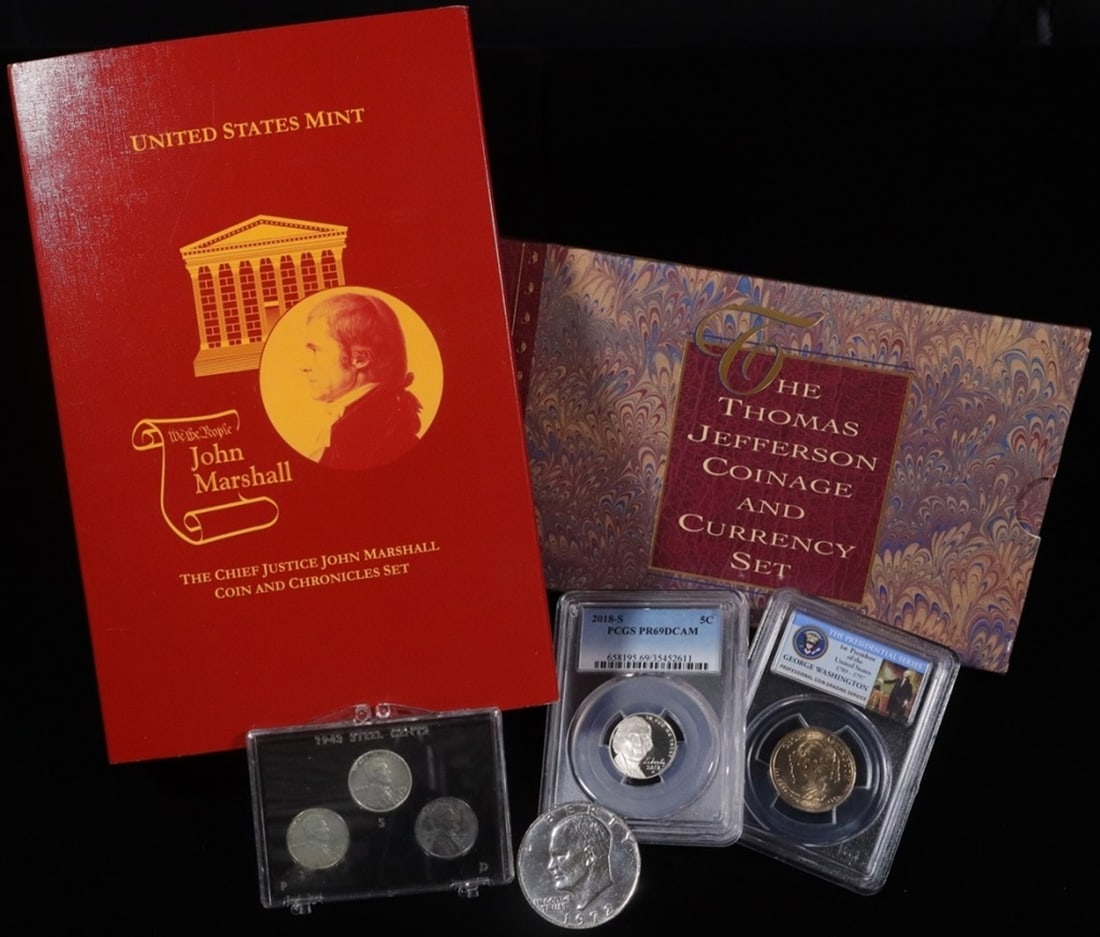COLLECTORS LOT: STEEL CENTS 3-COIN SLAB, 2018-S JEFFERSON 5C PCGS PR69DCAM, 2007-D G WASHINGTON PRES $1 PCGS BU, (1) IKE $1, 1993 THOMAS JEFFERSON COINAGE & CURRENCY SET, 2005 JOHN MARSHALL COIN & CHRONICLES SET ESTI