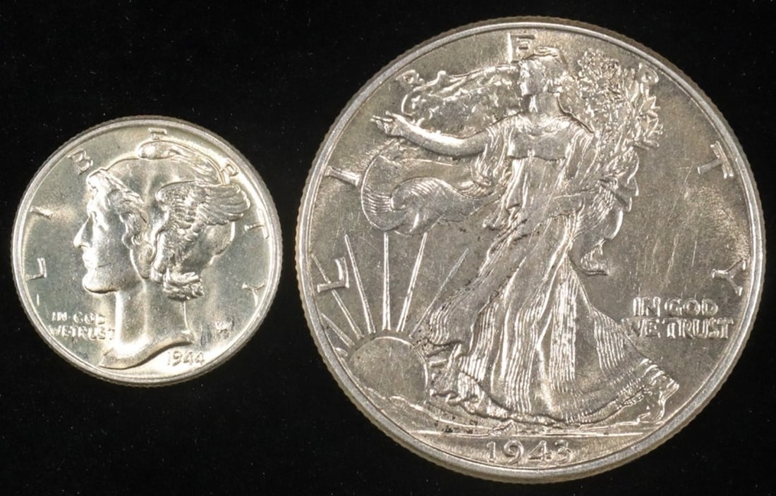 1944 MERC 10C (GEM BU) & 1943 WALKING LIB 50C (BU) (1 of 2)