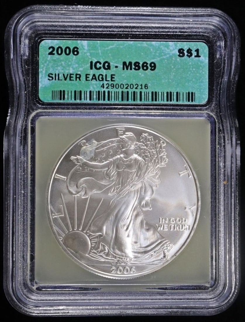2006 AMERICAN SILVER EAGLE ICG MS-69: CHECK OUT OUR UPCOMING AUCTIONS ESTIMATE $75 - $100.