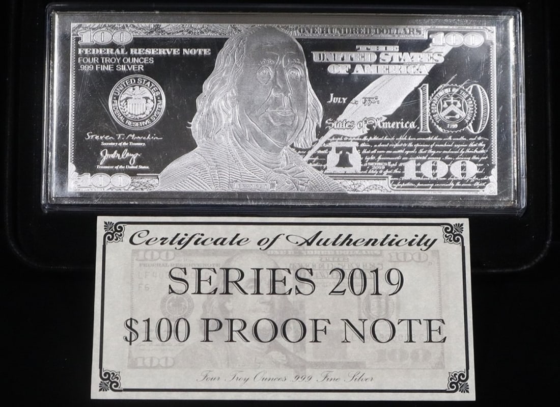 (1) 4 OZ .999 SILVER 2019 $100 PROOF NOTE: W/ COA ESTIMATE $200 - $250.