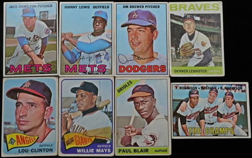 MIXED BASEBALL CARDS 1964-1967, Willie Mays..: 1964 LEMASTER, 1965 WILLIE MAYS TAPED, LOU CLINTON, 66 PAUL BLAIR, 67 CHAMPS (ROBINSON, BAUER, ROBINSON), JIM BREWER, JACK HAMILTON, JOHNNY LEWIS ESTIMATE $50 - $75.