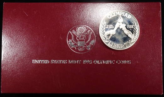 1988-S & 1992-S SILV $1 & 1992-S 50C PR COMMEMS: 1988-S $1 SEOUL OLYMPIAD, 1992-S OLYMPIC TWO COIN SET BASEBALL $1 & 50C GYMNAST OGP ESTIMATE $120 - $170.