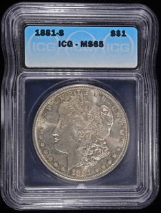 1881-S MORGAN DOLLAR ICG MS65: LEADERS IN ON-LINE AUCTIONS ESTIMATE $160 - $210.