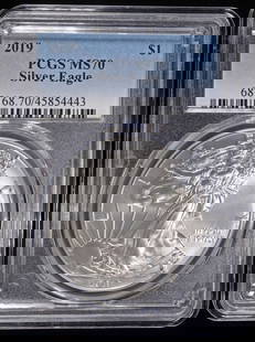 2019 AMERICAN SILVER EAGLE PCGS MS70: WEEKLY COIN & CURRENCY AUCTIONS ESTIMATE $130 - $180.