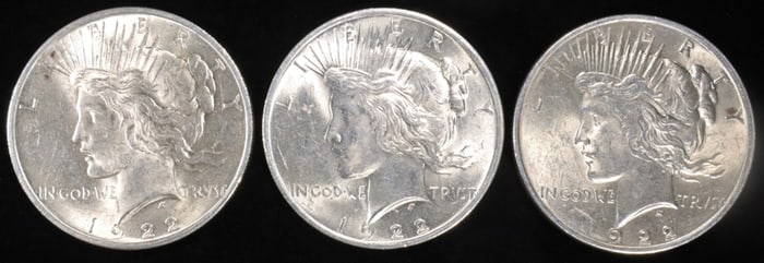 (3) 1922 PEACE DOLLARS AU/BU