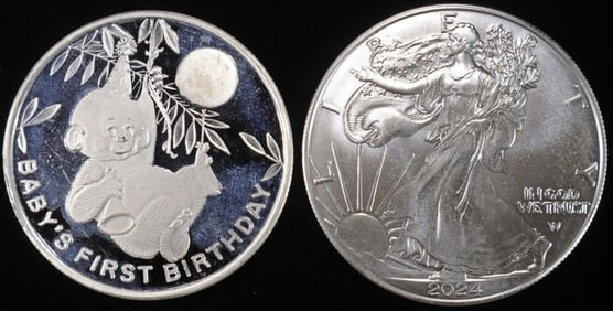 1 OZ .999 SILVER 2024 FIRST BDAY ROUND & 2024 ASE