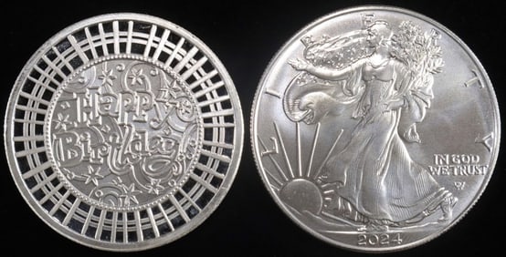 1 OZ .999 SILVER 2024 HAPPY BDAY ROUND & 2024 ASE