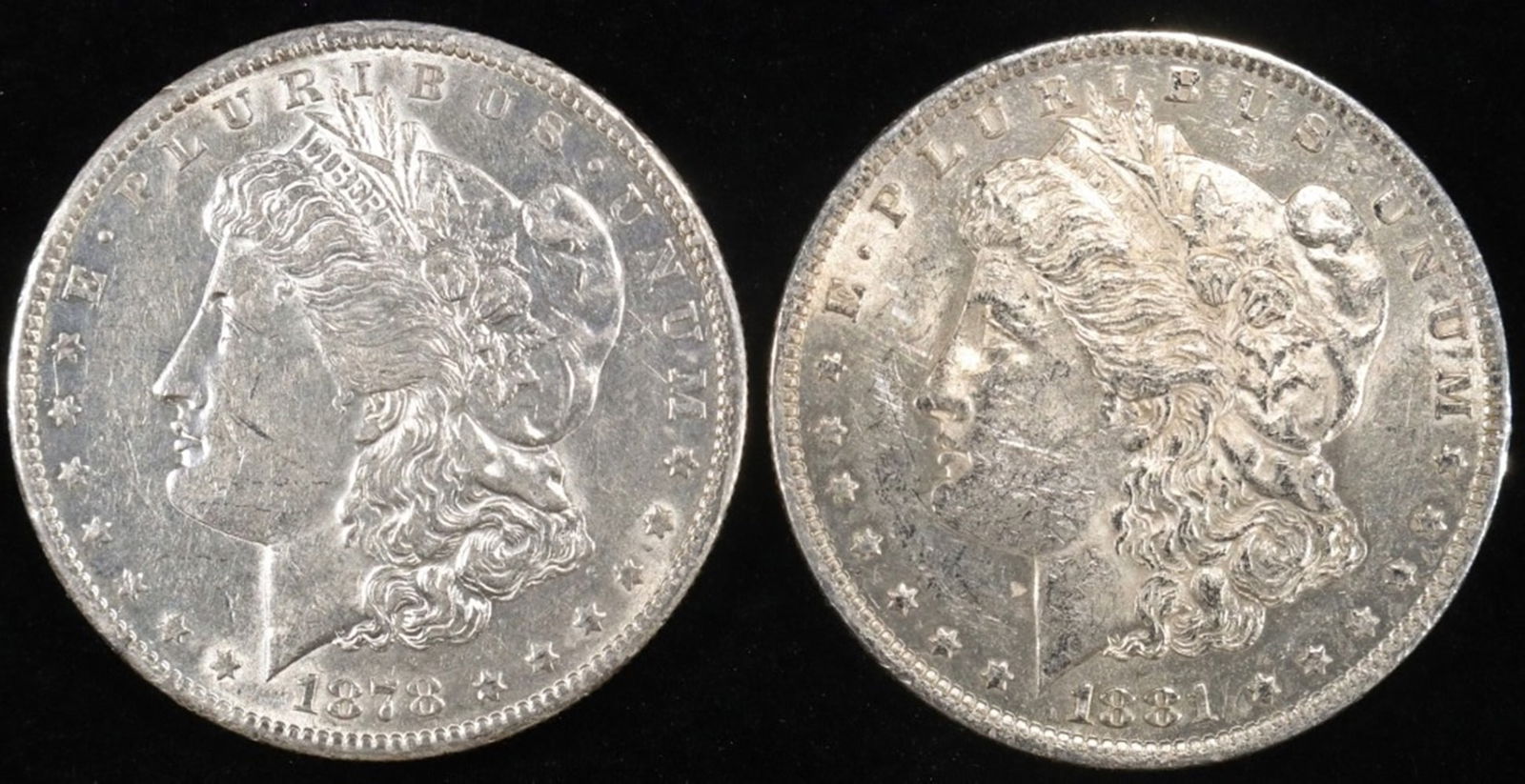 1878-S & 1881-O MORGAN DOLLARS AU/BU: LEADERS IN ON-LINE AUCTIONS ESTIMATE $100 - $150.