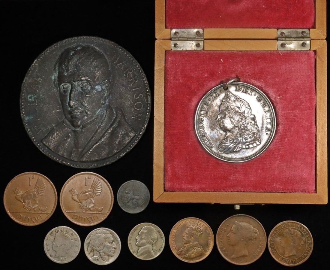 COLLECTORS LOT: 1757 KING GEORGE II PEACE MEDAL RESTRIKE, 1841 WILLIAM HARRISON INAUGURATION MEDAL, (7) FOREIGN COINS, V-NICKEL, BUFFALO NICKEL, SILVER WAR NICKEL ESTIMATE $100 - $150.