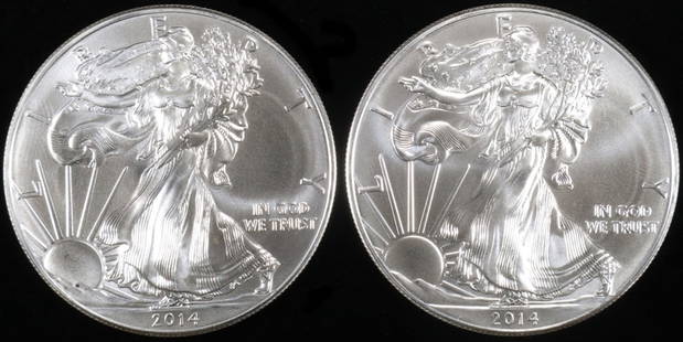 (2) 2014 AMERICAN SILVER EAGLES: CHECK OUT OUR UPCOMING AUCTIONS ESTIMATE $140 - $190.