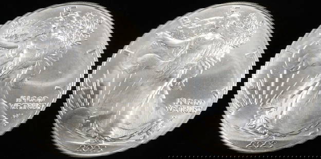 (2) 2023 AMERICAN SILVER EAGLES: WEEKLY COIN & CURRENCY AUCTIONS ESTIMATE $140 - $190.