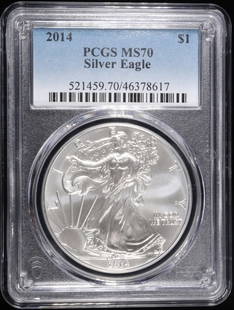 2014 AMERICAN SILVER EAGLE PCGS MS70: WEEKLY COIN & CURRENCY AUCTIONS ESTIMATE $130 - $180.