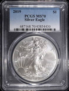 2019 AMERICAN SILVER EAGLE PCGS MS70: BID WITH SILVER CITY AUCTIONS ESTIMATE $130 - $180.