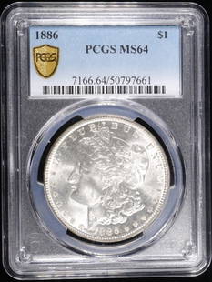 1886 MORGAN DOLLAR PCGS MS64: LEADERS IN ON-LINE AUCTIONS ESTIMATE $160 - $210.