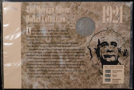 1921 MORGAN $ ON INFORMATIONAL CARD W/COA: LEADERS IN ON-LINE AUCTIONS ESTIMATE $60 - $80.