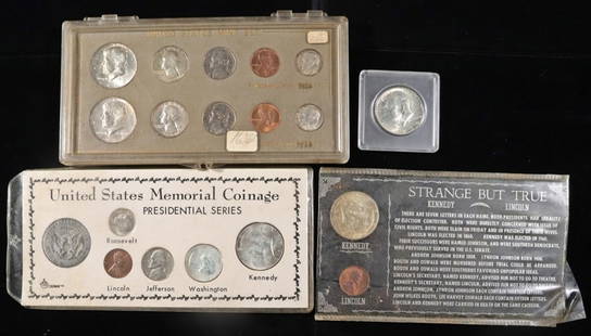 1964 TYPE COINS COLLECTION: 1964 US MINT SET IN SLAB, 1964 5-COIN US MEMORIAL COINAGE PRESIDENTIAL SERIES, 1964 KENNEDY HALF DOLLAR AND LINCOLN CENT STRANGE BUT TRUE FACTS SET, 1964 KENNEDY HALF DOLLAR ESTIMATE $150 - $200.