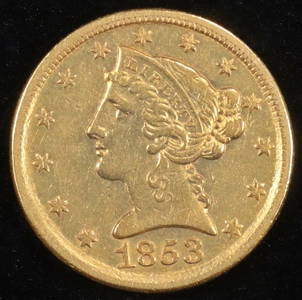 1853-D $5 GOLD LIBERTY CH BU