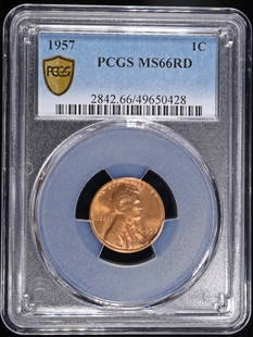 1957 LINCOLN CENT PCGS MS-66 RD: LEADERS IN ON-LINE AUCTIONS ESTIMATE $60 - $80.