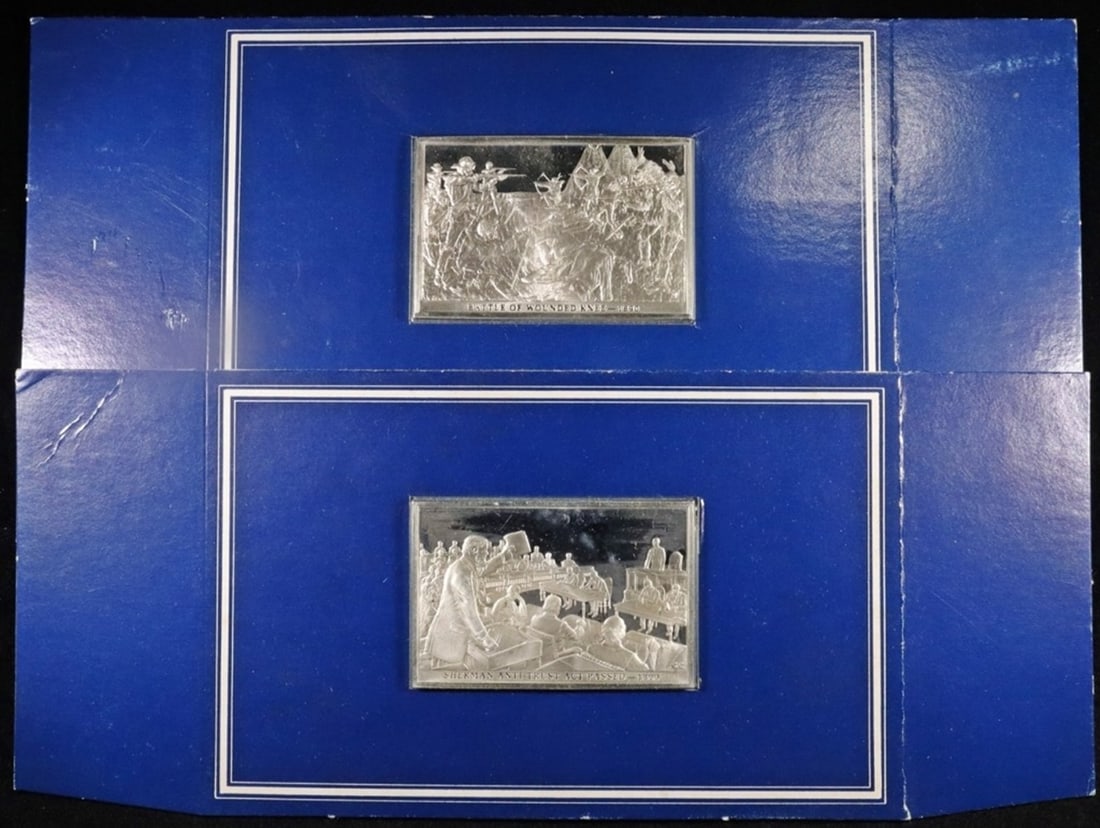 (2) 1.56 OZ .925 1890 STERLING SILVER BARS: BATTLE OF WOUNDED KNEE & SHERMAN ANTI-TRUST ACT PASSED ESTIMATE $100 - $150.