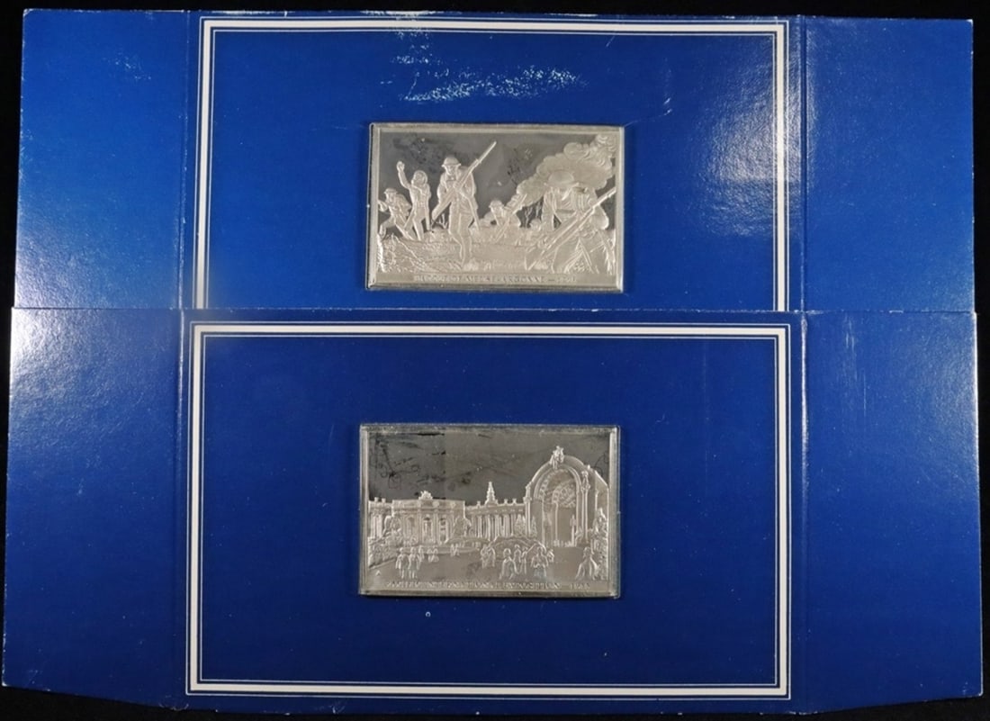 (2) 1.56 OZ .925 1915 & 1918 STERLING SILVER BARS: PACIFIC INTERNATIONAL EXPOSITION & BATTLE OF MEUSE ARGONNE ESTIMATE $100 - $150.