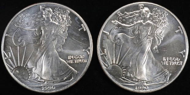 (2) 1990 AMERICAN SILVER EAGLES: CHECK OUT OUR UPCOMING AUCTIONS ESTIMATE $140 - $190.