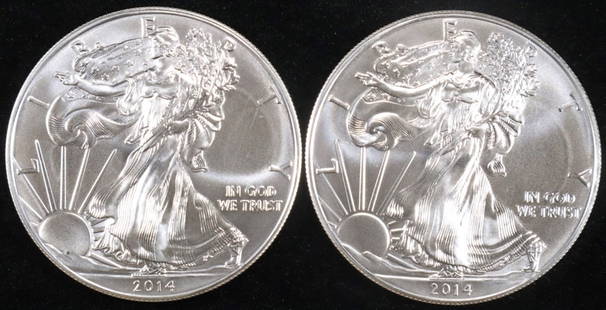 (2) 2014 AMERICAN SILVER EAGLES: LEADERS IN ON-LINE AUCTIONS ESTIMATE $140 - $190.