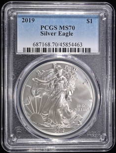 2019 AMERICAN SILVER EAGLE PCGS MS70: BID WITH SILVER CITY AUCTIONS ESTIMATE $130 - $180.