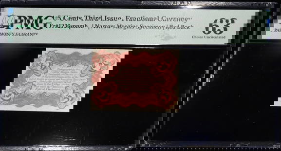 5c 3RD ISSUE FRACTIONAL SPECIMEN BACK PMG 63: NARROW MARGINS, RED BACK. FR# 1236SPNMB ESTIMATE $150 - $200.