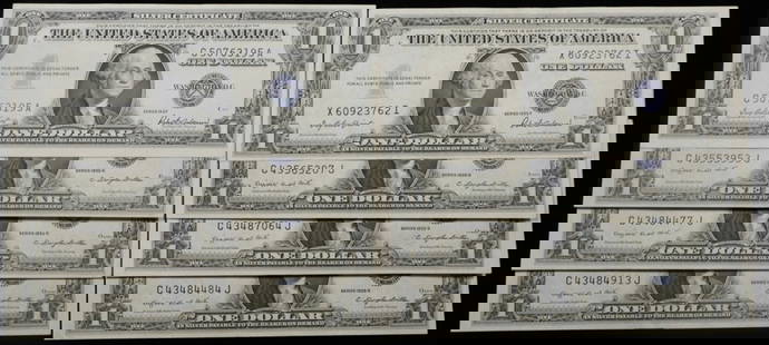 (7) 1935 & (1) 1957 $1 SILVER CERTIFICATES AU/CU: WEEKLY COIN & CURRENCY AUCTIONS ESTIMATE $75 - $100.