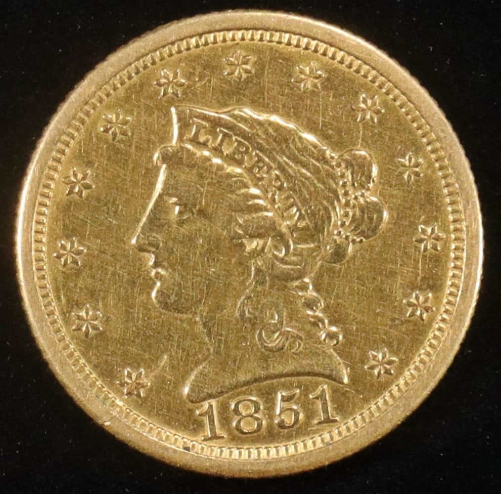 1851-O $2.5 GOLD LIBERTY BU, LIGHT OLD CLEANING: BID WITH SILVER CITY AUCTIONS ESTIMATE $4600 - $5100.