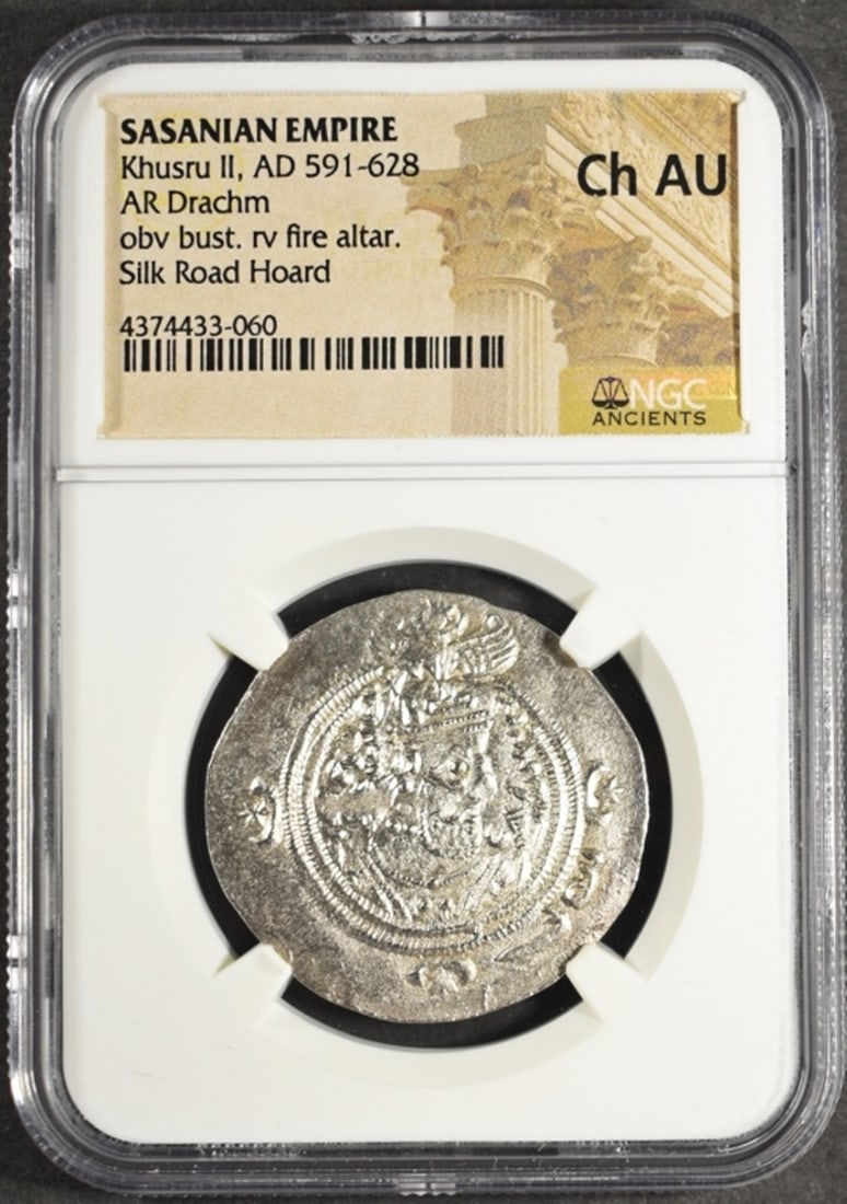 AD 591-628 KHUSRU II AR DRACHM NGC CH AU: SASANIAN EMPIRE, OBV BUST. RV FIRE ALTAR. SILK ROAD HOARD ESTIMATE $220 - $270.
