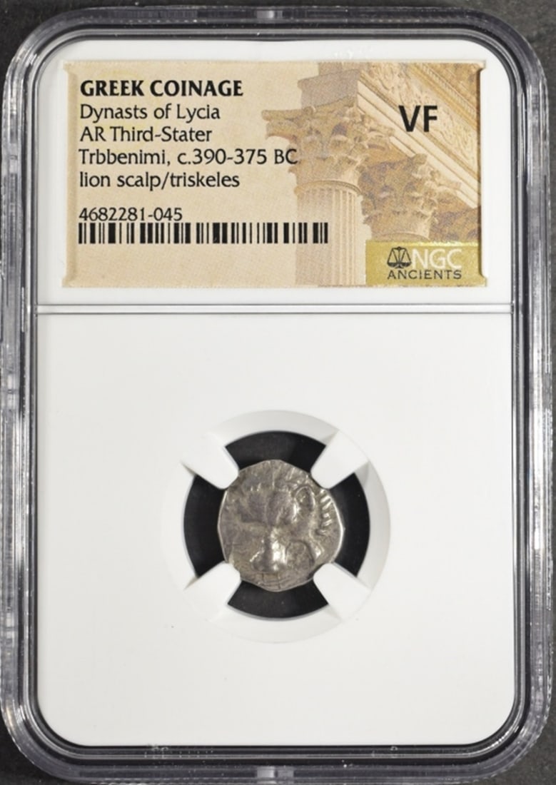 c.390-375 BC TRIBBENIMI AR THIRD-STATER NGC VF: GREEK COINAGE, DYNASTS OF LYCIA, LION SCALP/TRISKELES ESTIMATE $260 - $310.