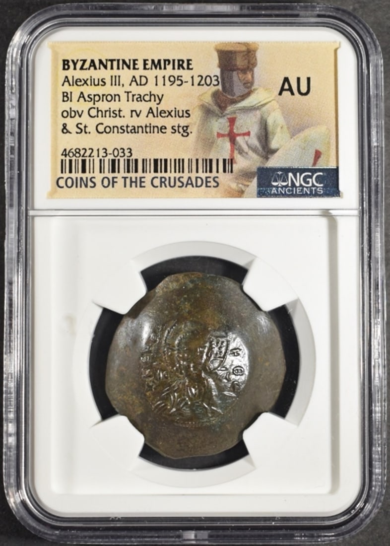 AD 1195-1203 ALEXIUS III BI ASPRON TRACHY NGC AU: BYZANTINE EMPIRE, OBV CHRIST. RV ALEXIUS & ST. CONSTANTINE STG. COINS OF THE CRUSADES ESTIMATE $160 - $210.