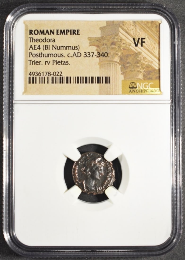 c.AD 337-340 POSTHUMOUS AE4 (BI NUMMUS) NGC VF: ROMAN EMPIRE, THEODORA, TRIER. RV PIETAS. ESTIMATE $180 - $230.