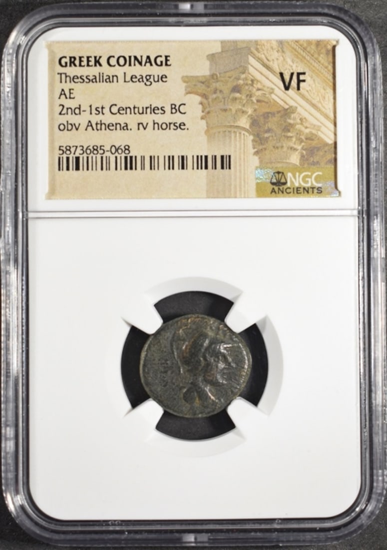 2ND-1ST CENTURIES BC THESSALIAN LEAGUE AE NGC VF: GREEK COINAGE, OBV ATHENA. RV HORSE. ESTIMATE $180 - $230.