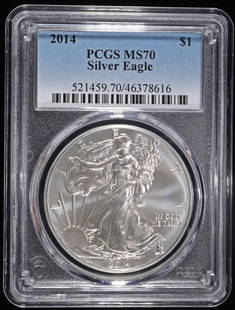 2014 AMERICAN SILVER EAGLE PCGS MS70: CHECK OUT OUR UPCOMING AUCTIONS ESTIMATE $130 - $180.