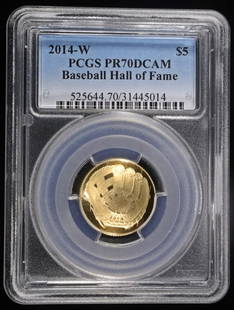 2014-W $5 GOLD BASEBALL COMMEM PCGS PR-70 DCAM: LEADERS IN ON-LINE AUCTIONS ESTIMATE $800 - $900.