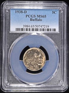 1938-D BUFFALO NICKEL PCGS MS-65: BID WITH SILVER CITY AUCTIONS ESTIMATE $60 - $80.