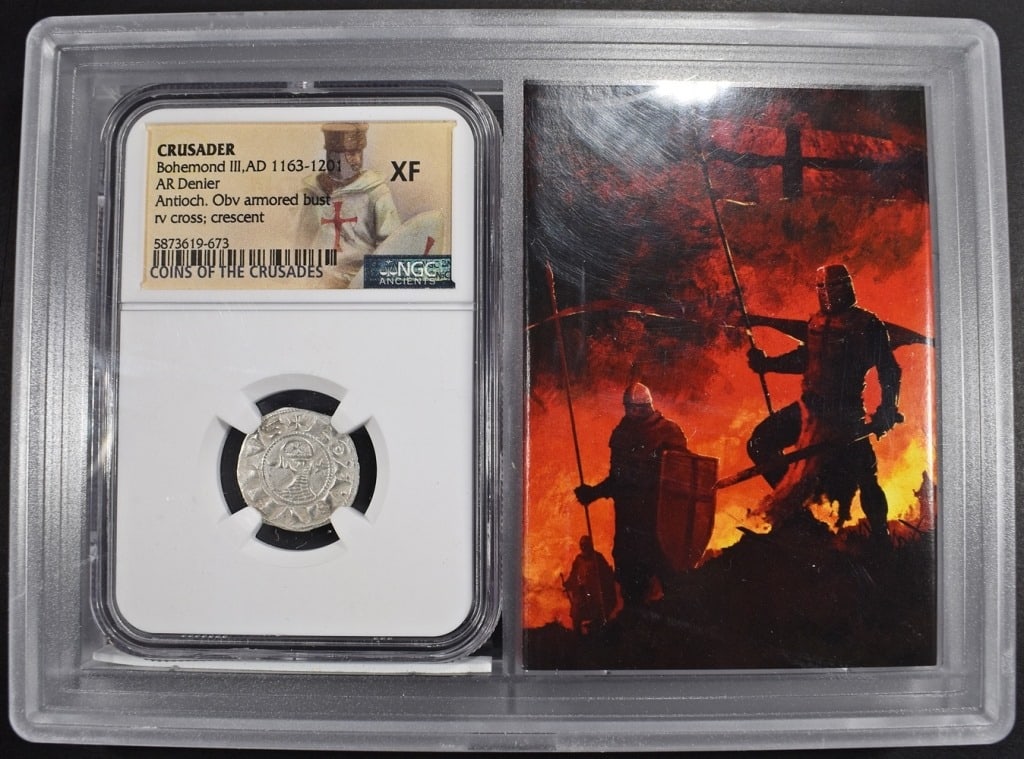 AD 1163-1201 BOHEMOND III AR DENIER NGC XF: CRUSADER, ANTIOCH. OBV ARMORED BUST RV CROSS; CRESCENT, COINS OF THE CRUSADES ESTIMATE $150 - $200.