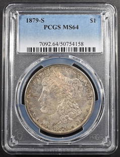 1879-S MORGAN DOLLAR PCGS MS64: LEADERS IN ON-LINE AUCTIONS ESTIMATE $120 - $170.