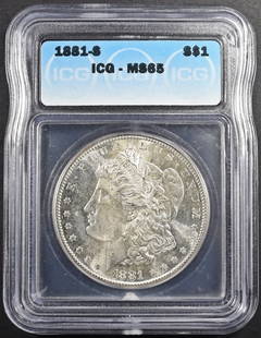 1881-S MORGAN DOLLAR ICG MS65: LEADERS IN ON-LINE AUCTIONS ESTIMATE $160 - $210.