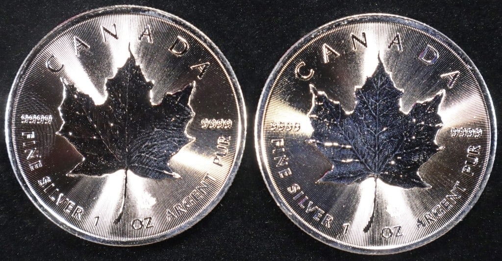 (2) 1 OZ .999 SILVER 2023 CANADIAN MAPLE ROUNDS: TOP RATED AUCTION HOUSE ESTIMATE $140 - $190.