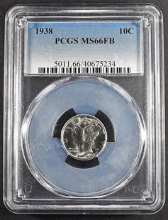 1938 MERCURY DIME PCGS MS-66 FB: TOP RATED AUCTION HOUSE ESTIMATE $130 - $150.
