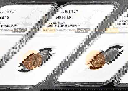 1939-S & 1942-S LINCOLN CENTS MS66RD NGC: TOP RATED AUCTION HOUSE ESTIMATE $100 - $130.