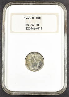 1943-D MERCURY DIME NGC MS-66 FB: OLD FAT HOLDER ESTIMATE $75 - $100.