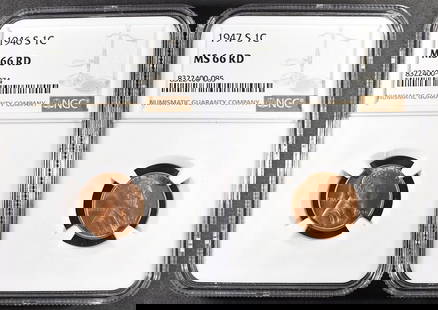 1946-S & 1947-S LINCOLN CENTS MS66RD NGC: WEEKLY COIN & CURRENCY AUCTIONS ESTIMATE $100 - $130.